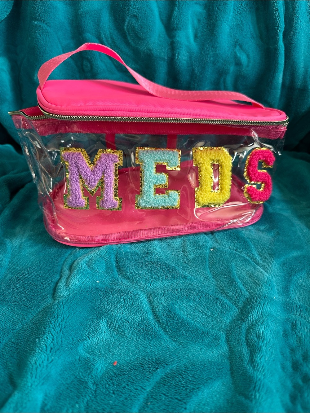 Personalized Clear Travel Case with Pink Trim and Multicolor Letters